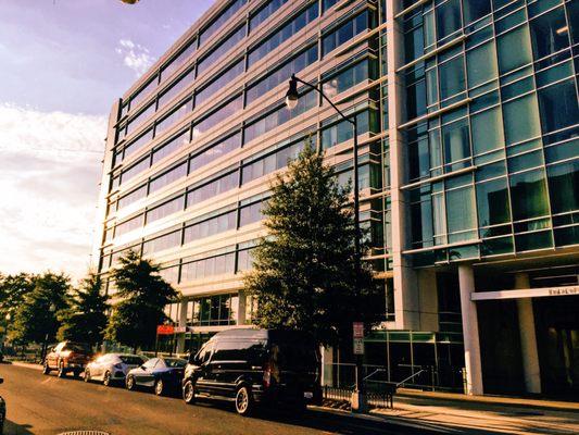 Exterior, the clinic is down the steps next to the main entrance