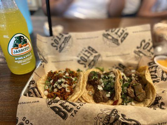 Chorizo, cabeza and lengua tacos