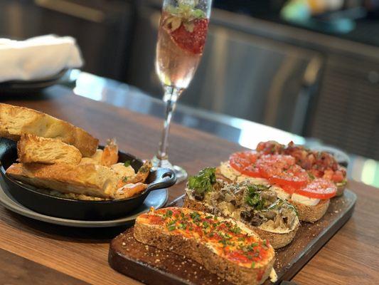 Shrimp Scampi, Bruschetta Board and glass of Rose