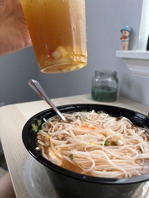 P11. Shrimp Pho and D12. Fruit Teas with Fruit Jelly (Blossom Passion Fruit).