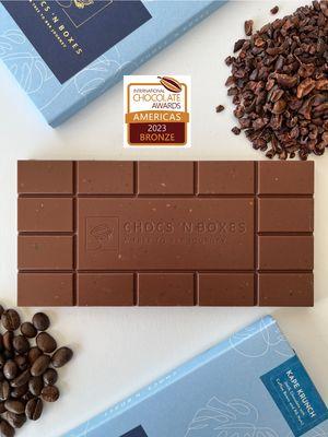 Milk Chocolate with Coffee and Pili Nuts inclusions. BRONZE awardee at 2023 International Chocolate Awards - AMERICAS