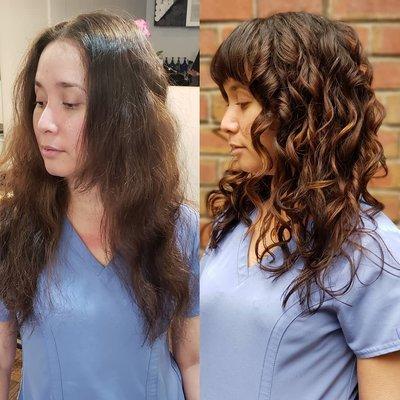 Curly hair diffused with Moroccan Oil Creme & added wand waves