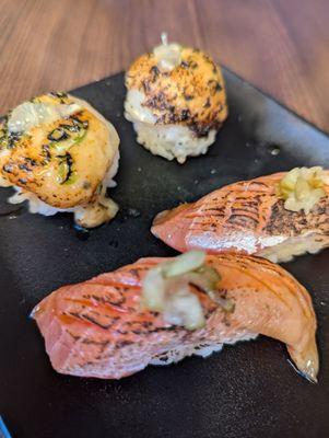 Seared scallops and seared salmon belly nigri