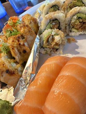 Spider Tempura Roll, salmon sushi and baked salmon roll