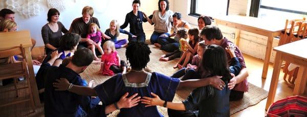 Children in mindful play with their parents at Brooklyn Zen Center.