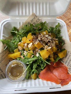 Arugula, yellow beets, almonds and lox salad