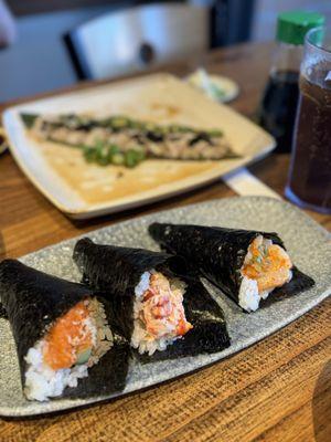 hand rolls: spicy salmon, lobster, spicy scallop