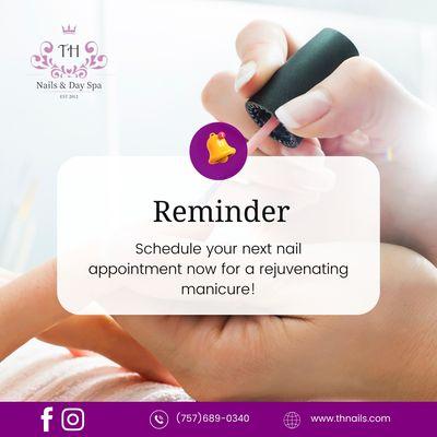 It's time for a nail refresh!

Don't forget to schedule your next manicure for a rejuvenating experience that will make you shine.