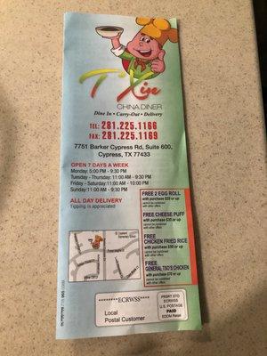 Mailed menu with coupons. 7.25.2020