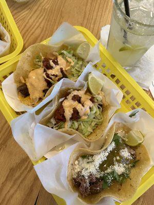 Beef, chicken and pork tacos- all yum!!