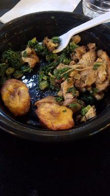 The #3 bowl - curried chicken with sauteed greens (kale and spinach) and fried plantains. SO good!