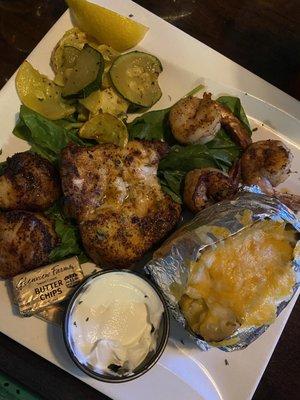 Seafood trio (the special this night ) scallops-grouper-shrimp-baked potato-veggies