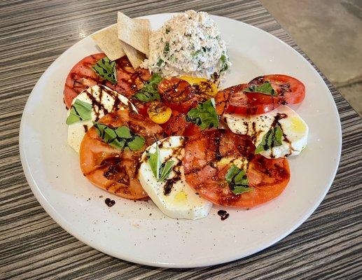 Caprese salad with homegrown heirloom tomatoes and a scoop of tuna salad a la carte