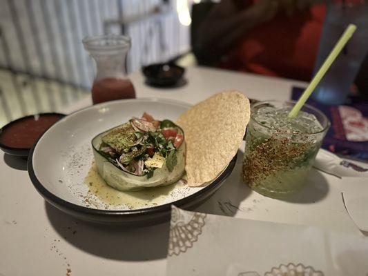 Shrimp Ceviche and a fancy margarita