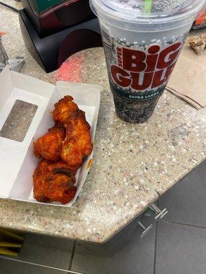 They made the chicken wings fresh for me and the big gulp soda for 2 bucks.