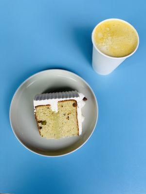 Pistachio cake & turmeric latte ($14.15 with tax)