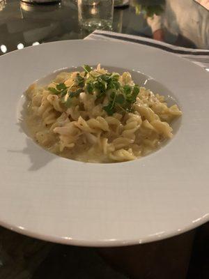 Crab pasta, small portion but makes up in taste.