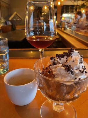 Dessert! A chocolate mousse with salted caramel, an espresso, and a tawny port