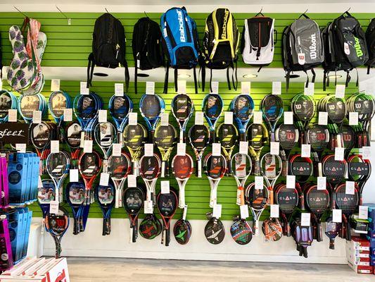 Large selection of tennis rackets and bags. Also paddle tennis rackets and pickle ball.