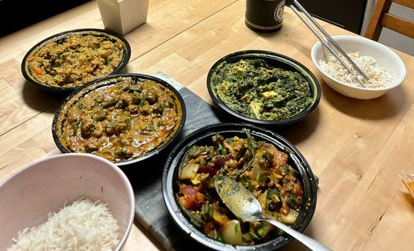 Bhindi Chettinad (Bottom-Left), Palak Paneer (Top-Right), Bhindi Do Piaza (Bottom-Right), Sabzi Mandi (Top-Left)