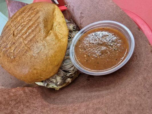 Pulled pork sandwich. Dipping sauce is GOOD