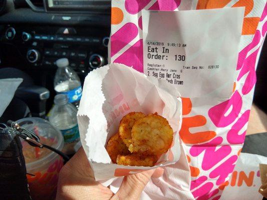 6 soggy hash browns. Each about the size of 3 quarters stacked on top of each other.