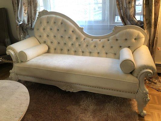 Tufted settee,re-finished wood white ,with gold gild, crystal buttons for added bling.