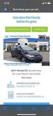 False advertisement price as a certified pre-owned Honda