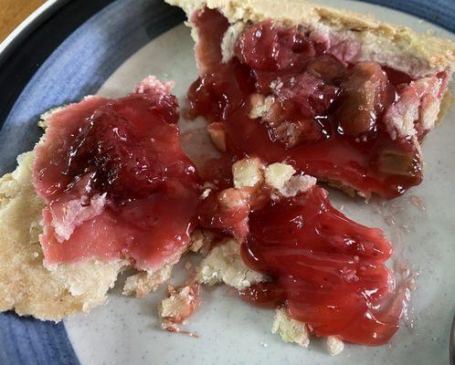 "Strawberry/rhubarb pie." Mostly sugary, starchy goo.