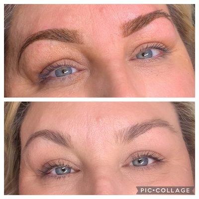 Before (bottom) and after(top) ombré brows