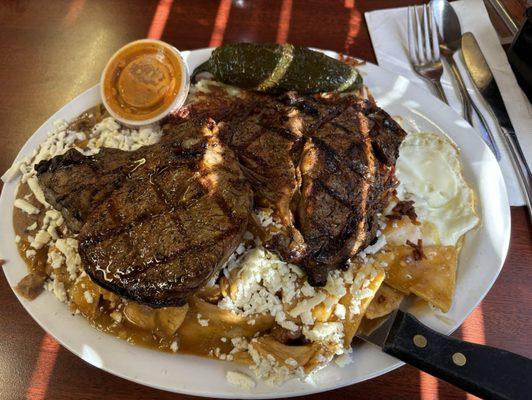 Red chilaquiles with ribeye