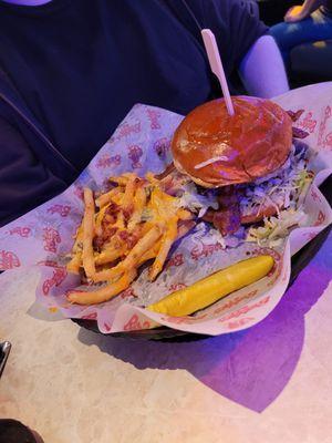 Burger with guac and loaded fries