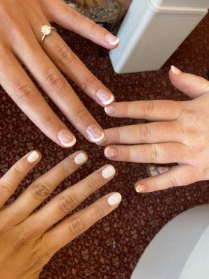 French manicure dip powder, French manicure gel, and white shimmer dip powder