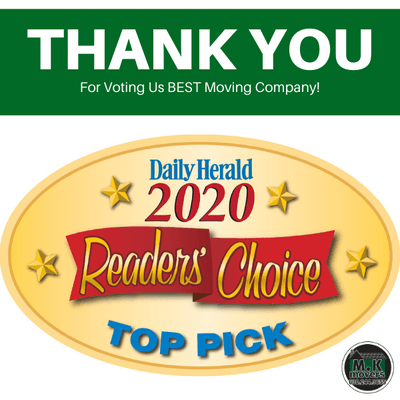 WOW - It's official! M.K Movers has been voted as a Daily Herald TOP PICK in the Moving Company category, and it is all thanks to YOU!