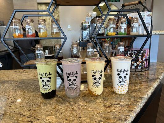 Left to right: Avocado Smoothie, taro smoothie, mango colada, lychee smoothie