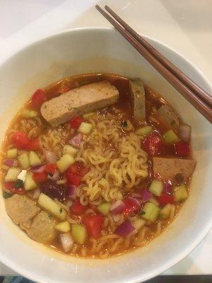 I added the sausage to my ramen with Mediterranean salad left-over from last night, turned out delicious.