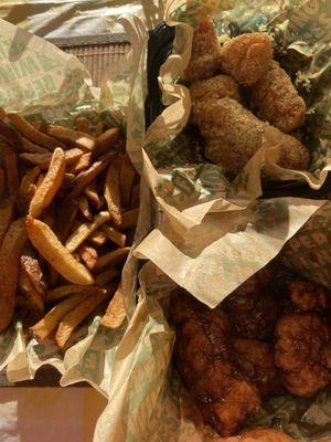 Boneless garlic Parm and Korean wings with fries