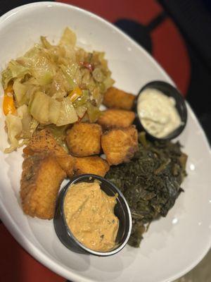 Salmon Nuggets, Cabbage, and Collard Greens