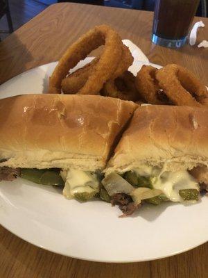 Philly cheesesteaks w onion rings