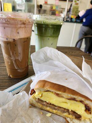 Lattes and breakfast sandwich