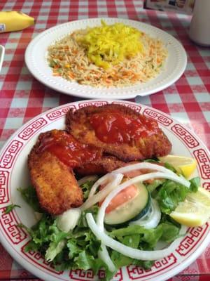 Fish of the day lunch comes with a side salad and basmati rice.