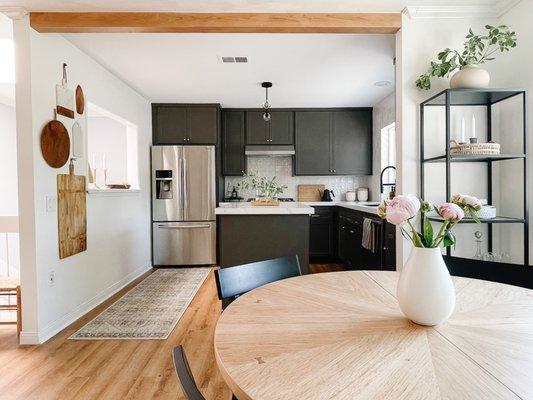 Finished kitchen, including beam designed and installed by Glenn