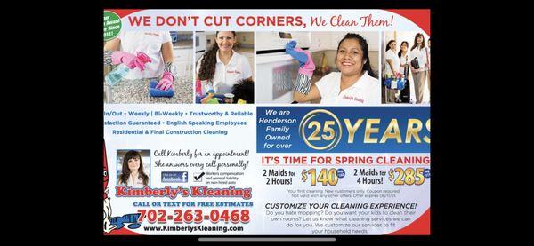 Green valley Henderson over 25 years! Two Maids 2 hours 140$ or deep cleaning Two Maids 4 hours 285 $ call 702-263-0468