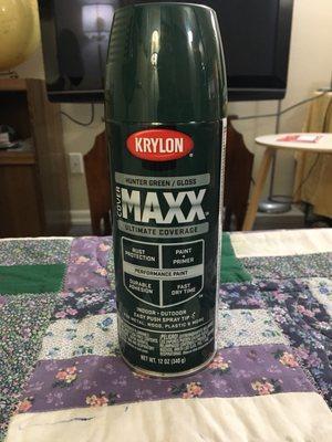 Krylon "Hunter Green"/Gloss". Even when used outdoors, this paint can produce a pungent paint smell that lasts a few minutes.