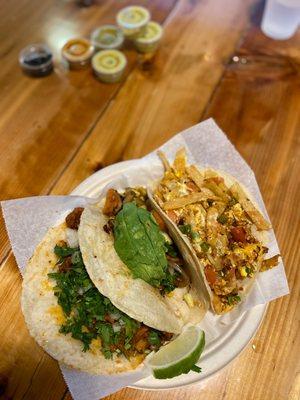 Carne asada, vegetables taco, migas taco