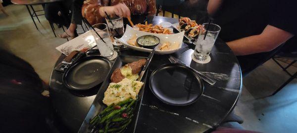 NY strip steak, truffle fries, Spinach dip, and tacos!