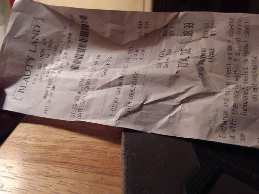 My Beauty Land receipt.