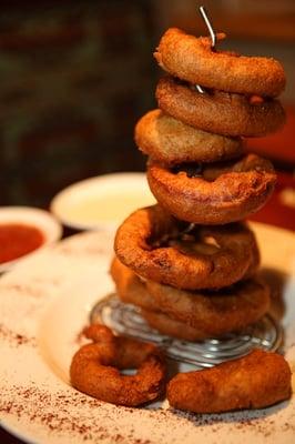 Blue corn onion rings served with green chile ranch dressing & fresh homemade salsa. Photo courtesy of GlobalGumshoe.com.