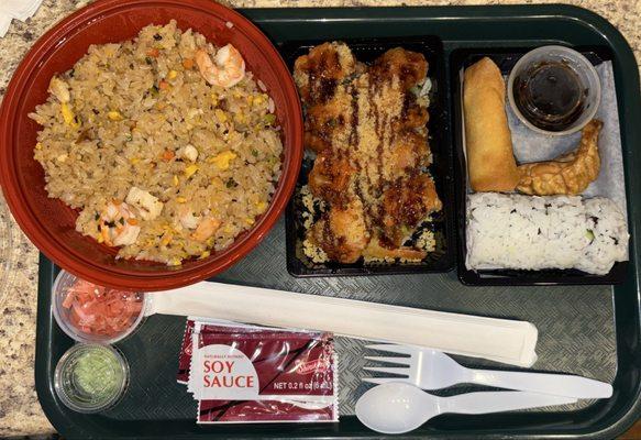 Chicken and Shrimp Fried Rice, Moonlight Special Roll (8), Combo Add On- California Roll (4), Eggroll, Potsticker