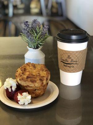 Breakfast muffin, filled strawberries and coffee!